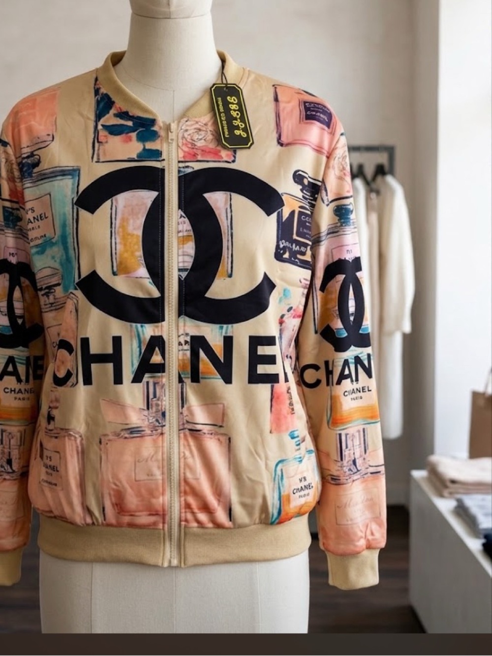 Brand New Very light weight Beige Logo Graphic Bomber Jacket